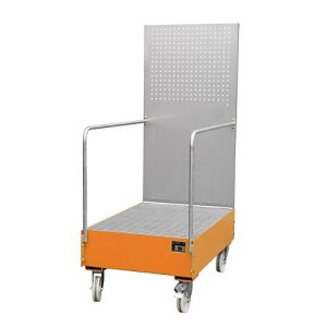 Fahrbare Auffangwanne mit Lochplattenwand, aus Stahl, Kapazität 2 x 200-Liter Fässer, orange lackiert Fahrbare Auffangwanne mit Lochplattenwand, aus Stahl, Kapazität 2 x 200-Liter Fässer, orange lackiert