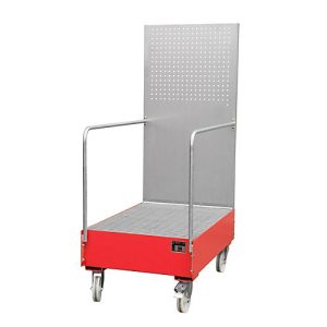 Fahrbare Auffangwanne mit Lochplattenwand, aus Stahl, Kapazität 2 x 200-Liter Fässer, rot lackiert Fahrbare Auffangwanne mit Lochplattenwand, aus Stahl, Kapazität 2 x 200-Liter Fässer, rot lackiert