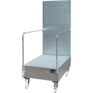 Fahrbare Auffangwanne mit Lochplattenwand, aus Stahl, Kapazität 2 x 200-Liter Fässer, verzinkt Fahrbare Auffangwanne mit Lochplattenwand, aus Stahl, Kapazität 2 x 200-Liter Fässer, verzinkt