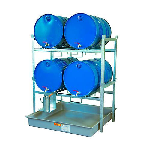 Fassregal Typ 800 Variante 2 CEMO, mit GFK-Auffangwanne und Fassauflage, L 1410 x B 1280 x H 1620 mm