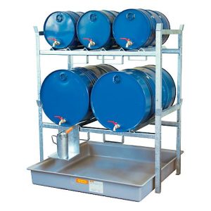 Fassregal Typ 800 Variante 3 CEMO, mit Fassauflage und Auffangwanne, für 2 x 200 I u. 3 x 60-I-Fässer, L 1410 x B 1280 x H 1620 mm Fassregal Typ 800 Variante 3 CEMO, mit Fassauflage und Auffangwanne, für 2 x 200 I u. 3 x 60-I-Fässer, L 1410 x B 1280 x H 1620 mm