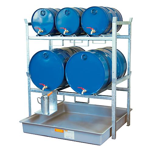 Fassregal Typ 800 Variante 3 CEMO, mit Fassauflage und Auffangwanne, für 2 x 200 I u. 3 x 60-I-Fässer, L 1410 x B 1280 x H 1620 mm