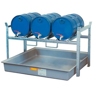 Fassregal Typ 800 Variante 5 CEMO, mit Fassauflage u. Auffangwanne, für 3 x 60 I-Fässer, L 1410 x B 1280 x H 840 mm Fassregal Typ 800 Variante 5 CEMO, mit Fassauflage u. Auffangwanne, für 3 x 60 I-Fässer, L 1410 x B 1280 x H 840 mm