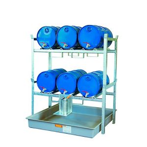 Fassregal Typ 800 Variante 6 CEMO, mit Fassauflage u. Auffangwanne, für 6 x 60 I-Fässer, L 1410 x B 1280 x H 1620 mm Fassregal Typ 800 Variante 6 CEMO, mit Fassauflage u. Auffangwanne, für 6 x 60 I-Fässer, L 1410 x B 1280 x H 1620 mm