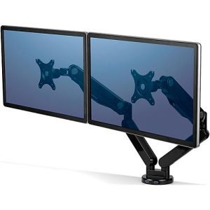 Fellowes Dual Monitorarm Platinum, für 2 Displays bis 32″ & bis 8 kg, schwenk- & neigbar, um 360° drehbar, 2 USB-Ports, Kabelmanagement, schwarz