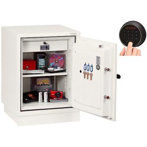Feuerschutzschrank FS 0441, Fingerprintschloss, B 500 x T 500 x H 640 mm, Stahl, signalweiß RAL 9003 Feuerschutzschrank FS 0441, Fingerprintschloss, B 500 x T 500 x H 640 mm, Stahl, signalweiß RAL 9003