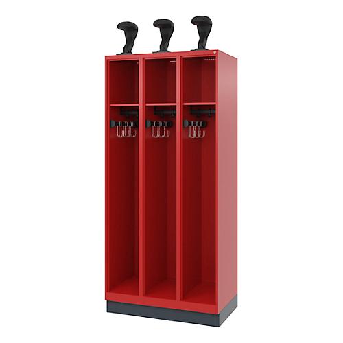 Feuerwehrspind C+P Evolo EXPERT, 3 Abteile, mit Sockel, B 900 x T 500 x H 1950 mm, RAL 3000 Feuerrot/RAL 7016 Anthrazitgrau