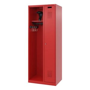 Feuerwehrspind C+P Evolo Kombi, 2 Abteile für 1 Person, mit Helmhalter, Bodengleiter, B 700 x T 500 x H 1850 mm, RAL 3000 Feuerrot Feuerwehrspind C+P Evolo Kombi, 2 Abteile für 1 Person, mit Helmhalter, Bodengleiter, B 700 x T 500 x H 1850 mm, RAL 3000 Feuerrot