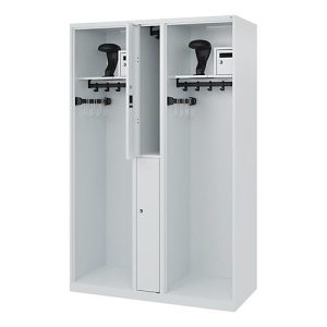 Feuerwehrspind C+P Evolo Maxi, 4 Abteile für 2 Personen, mit Helmhalter, Bodengleiter, B 1200 x T 500 x H 1850 mm, RAL 7035 Lichtgrau Feuerwehrspind C+P Evolo Maxi, 4 Abteile für 2 Personen, mit Helmhalter, Bodengleiter, B 1200 x T 500 x H 1850 mm, RAL 7035 Lichtgrau