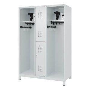 Feuerwehrspind C+P Evolo Maxi, 4 Abteile für 2 Personen, mit Helmhalter, mit Füßen, B 1300 x T 600 x H 1950 mm, RAL 7035 Lichtgrau Feuerwehrspind C+P Evolo Maxi, 4 Abteile für 2 Personen, mit Helmhalter, mit Füßen, B 1300 x T 600 x H 1950 mm, RAL 7035 Lichtgrau