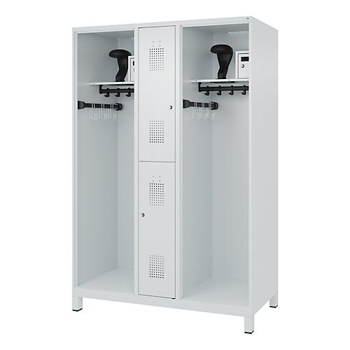 Feuerwehrspind C+P Evolo Maxi, 4 Abteile für 2 Personen, mit Helmhalter, mit Füßen, B 1300 x T 600 x H 1950 mm, RAL 7035 Lichtgrau