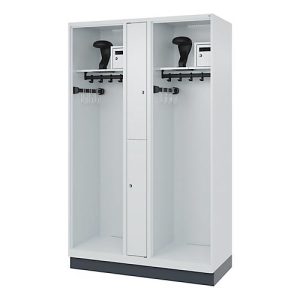 Feuerwehrspind C+P Evolo Maxi, 4 Abteile für 2 Personen, mit Helmhalter, mit Sockel, B 1200 x T 500 x H 1950 mm, RAL 7035 Lichtgrau/RAL 7016 Anthrazitgrau Feuerwehrspind C+P Evolo Maxi, 4 Abteile für 2 Personen, mit Helmhalter, mit Sockel, B 1200 x T 500 x H 1950 mm, RAL 7035 Lichtgrau/RAL 7016 Anthrazitgrau