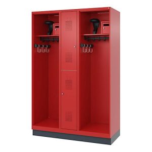 Feuerwehrspind C+P Evolo Maxi, 4 Abteile für 2 Personen, mit Helmhalter, mit Sockel, B 1300 x T 500 x H 1950 mm, RAL 3000 Feuerrot/RAL 7016 Anthrazitgrau Feuerwehrspind C+P Evolo Maxi, 4 Abteile für 2 Personen, mit Helmhalter, mit Sockel, B 1300 x T 500 x H 1950 mm, RAL 3000 Feuerrot/RAL 7016 Anthrazitgrau