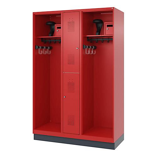 Feuerwehrspind C+P Evolo Maxi, 4 Abteile für 2 Personen, mit Helmhalter, mit Sockel, B 1300 x T 500 x H 1950 mm, RAL 3000 Feuerrot/RAL 7016 Anthrazitgrau