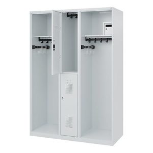 Feuerwehrspind C+P Evolo Maxi, 4 Abteile für 2 Personen, ohne Helmhalter, Bodengleiter, B 1300 x T 500 x H 1850 mm, RAL 7035 Lichtgrau Feuerwehrspind C+P Evolo Maxi, 4 Abteile für 2 Personen, ohne Helmhalter, Bodengleiter, B 1300 x T 500 x H 1850 mm, RAL 7035 Lichtgrau