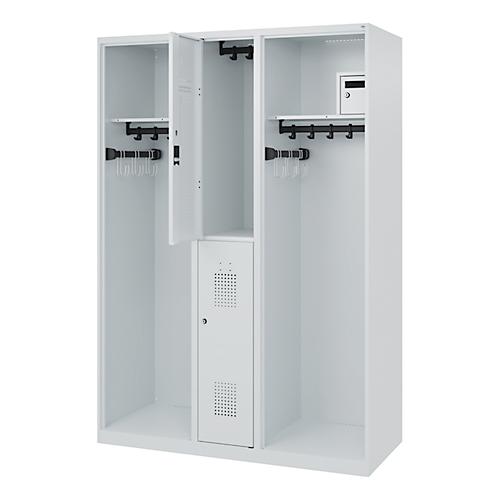Feuerwehrspind C+P Evolo Maxi, 4 Abteile für 2 Personen, ohne Helmhalter, Bodengleiter, B 1300 x T 500 x H 1850 mm, RAL 7035 Lichtgrau