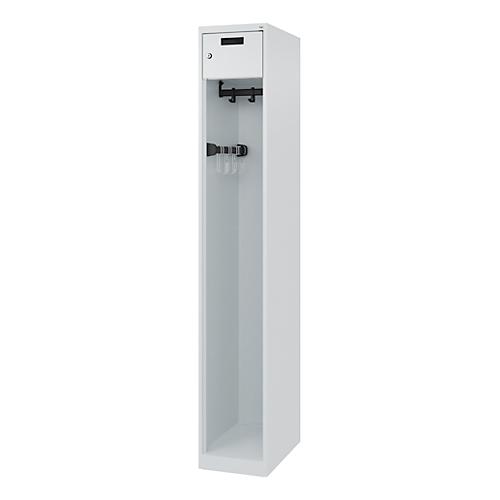 Feuerwehrspind C+P Evolo PRAKTUS, 1 Abteil, mit Sockel, Bodengleiter, B 300 x T 500 x H 1850 mm, RAL 7035 Lichtgrau