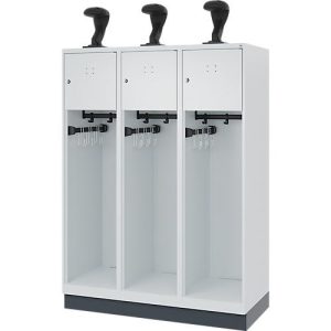 Feuerwehrspind C+P Evolo Youngster, 3 Abteile, mit Helmhalter, mit Sockel, B 1200 x T 500 x H 1630 mm, RAL 7035 Lichtgrau/RAL 7016 Anthrazitgrau Feuerwehrspind C+P Evolo Youngster, 3 Abteile, mit Helmhalter, mit Sockel, B 1200 x T 500 x H 1630 mm, RAL 7035 Lichtgrau/RAL 7016 Anthrazitgrau