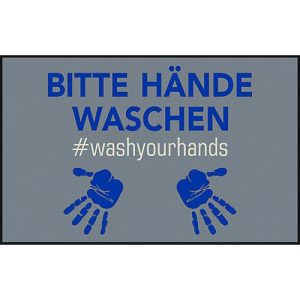 Fußmatte Bitte Hände waschen, Polyamid, Rücken/Ränder aus Nitrilgummi, waschbar, L 750 x B 1200 mm, grau/blau