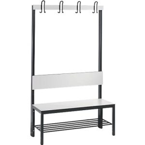 Garderobenbank Basic Plus, 1-seitig, Rückenlehne, mit Schuhrost, Fußgestell schwarzgrau RAL 7021, B 1000 mm, Dekor weiß Garderobenbank Basic Plus, 1-seitig, Rückenlehne, mit Schuhrost, Fußgestell schwarzgrau RAL 7021, B 1000 mm, Dekor weiß