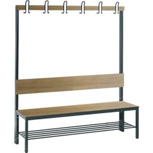 Garderobenbank Basic Plus, 1-seitig, Rückenlehne, mit Schuhrost, Fußgestell schwarzgrau RAL 7021, B 1500 mm, Dekor Eiche Ser. Garderobenbank Basic Plus, 1-seitig, Rückenlehne, mit Schuhrost, Fußgestell schwarzgrau RAL 7021, B 1500 mm, Dekor Eiche Ser.