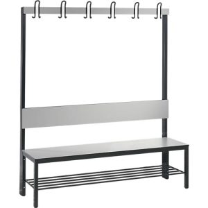 Garderobenbank Basic Plus, 1-seitig, Rückenlehne, mit Schuhrost, Fußgestell schwarzgrau RAL 7021, B 1500 mm, Dekor silbergrau Garderobenbank Basic Plus, 1-seitig, Rückenlehne, mit Schuhrost, Fußgestell schwarzgrau RAL 7021, B 1500 mm, Dekor silbergrau