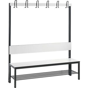 Garderobenbank Basic Plus, 1-seitig, Rückenlehne, mit Schuhrost, Fußgestell schwarzgrau RAL 7021, B 1500 mm, Dekor weiß Garderobenbank Basic Plus, 1-seitig, Rückenlehne, mit Schuhrost, Fußgestell schwarzgrau RAL 7021, B 1500 mm, Dekor weiß