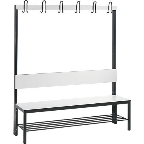 Garderobenbank Basic Plus, 1-seitig, Rückenlehne, mit Schuhrost, Fußgestell schwarzgrau RAL 7021, B 1500 mm, Dekor weiß