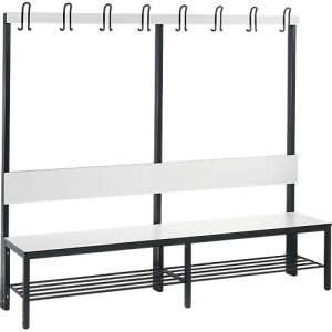 Garderobenbank Basic Plus, 1-seitig, Rückenlehne, mit Schuhrost, Fußgestell schwarzgrau RAL 7021, B 1960 mm, Dekor weiß