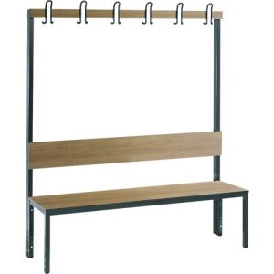 Garderobenbank Basic Plus, 1-seitig, Rückenlehne, ohne Schuhrost, Fußgestell schwarzgrau RAL 7021, B 1500 mm, Dekor Eiche Ser.