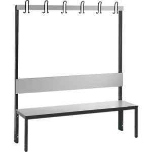 Garderobenbank Basic Plus, 1-seitig, Rückenlehne, ohne Schuhrost, Fußgestell schwarzgrau RAL 7021, B 1500 mm, Dekor silbergrau