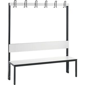 Garderobenbank Basic Plus, 1-seitig, Rückenlehne, ohne Schuhrost, Fußgestell schwarzgrau RAL 7021, B 1500 mm, Dekor weiß