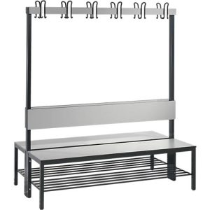 Garderobenbank Basic Plus, 2-seitig, Rückenlehne, mit Schuhrost, Fußgestell schwarzgrau RAL 7021, B 1500 mm, Dekor silbergrau Garderobenbank Basic Plus, 2-seitig, Rückenlehne, mit Schuhrost, Fußgestell schwarzgrau RAL 7021, B 1500 mm, Dekor silbergrau