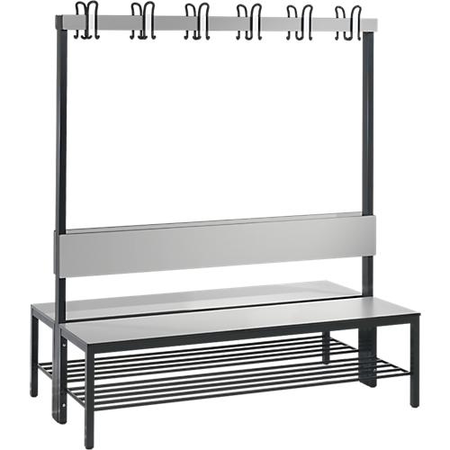 Garderobenbank Basic Plus, 2-seitig, Rückenlehne, mit Schuhrost, Fußgestell schwarzgrau RAL 7021, B 1500 mm, Dekor silbergrau