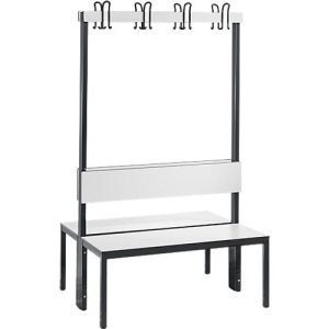 Garderobenbank Basic Plus, 2-seitig, Rückenlehne, ohne Schuhrost, Fußgestell schwarzgrau RAL 7021, B 1000 mm, Dekor weiß Garderobenbank Basic Plus, 2-seitig, Rückenlehne, ohne Schuhrost, Fußgestell schwarzgrau RAL 7021, B 1000 mm, Dekor weiß