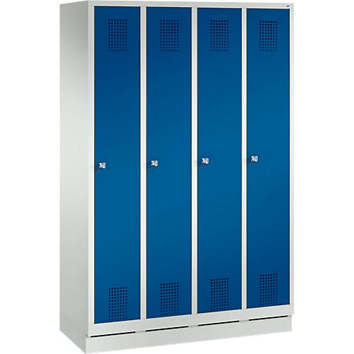 Garderobenspind Evolo S 3000, Stahl, m. Sockel, 4 Abteile m. jew. B 300 mm, Zylinderschloss, lichtgrau RAL 7035/enzianblau RAL 5010
