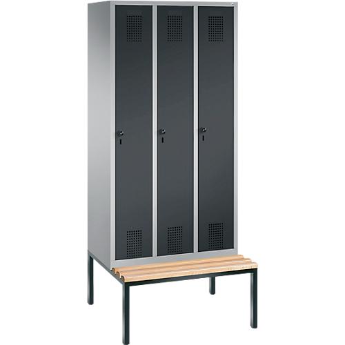 Garderobenspind Evolo S 3000, Stahl, m. untergeb. Sitzbank, 3 Abteile m. jew. B 300 mm, Sicherheitsdrehriegelverschluss, weißaluminium RAL 9006/anthrazit RAL 7016