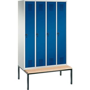 Garderobenspind Evolo S 3000, Stahl, m. untergeb. Sitzbank, 4 Abteile m. jew. B 300 mm, Sicherheitsdrehriegelverschluss, lichtgrau RAL 7035/enzianblau RAL 5010 Garderobenspind Evolo S 3000, Stahl, m. untergeb. Sitzbank, 4 Abteile m. jew. B 300 mm, Sicherheitsdrehriegelverschluss, lichtgrau RAL 7035/enzianblau RAL 5010