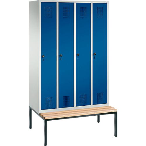 Garderobenspind Evolo S 3000, Stahl, m. untergeb. Sitzbank, 4 Abteile m. jew. B 300 mm, Sicherheitsdrehriegelverschluss, lichtgrau RAL 7035/enzianblau RAL 5010