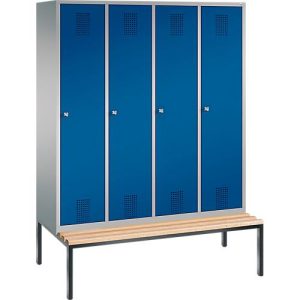 Garderobenspind Evolo S 3000, Stahl, Sitzbank, 4 Abteile mit jew. B 400 mm, Zylinderschloss, weißaluminium RAL 9006/enzianblau RAL 5010 Garderobenspind Evolo S 3000, Stahl, Sitzbank, 4 Abteile mit jew. B 400 mm, Zylinderschloss, weißaluminium RAL 9006/enzianblau RAL 5010