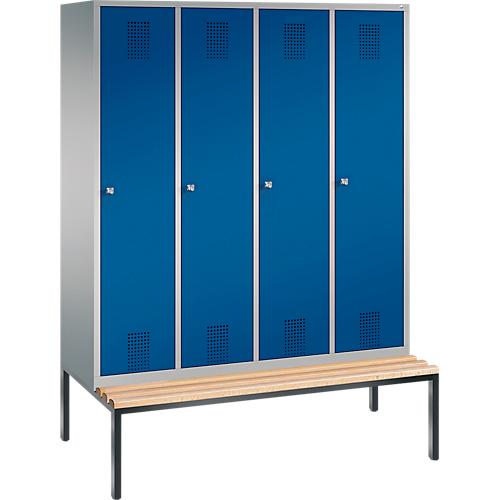 Garderobenspind Evolo S 3000, Stahl, Sitzbank, 4 Abteile mit jew. B 400 mm, Zylinderschloss, weißaluminium RAL 9006/enzianblau RAL 5010