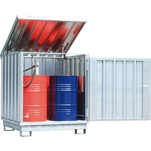 Gefahrstoffdepot Safe Master, Typ SM 4, Kapazität 4 x 200 l Fässer stehend, WGK 1-3, verzinkt Gefahrstoffdepot Safe Master, Typ SM 4, Kapazität 4 x 200 l Fässer stehend, WGK 1-3, verzinkt