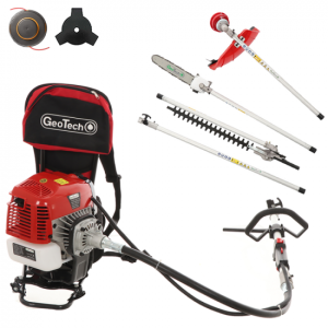 GeoTech GT-2 58 BP – Multifunktions- Motorsense mit 2- Takt Benzinmotor – Astschere, Heckenschere und Freischneider – 58 ccm