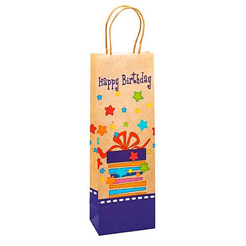 Geschenktüte für Flaschen „Happy Birthday“, mit Tragekordel, B 120 x T 80 x H 360 mm, Kraftpapier, beige & farbig bedruckt, 6 Stück
