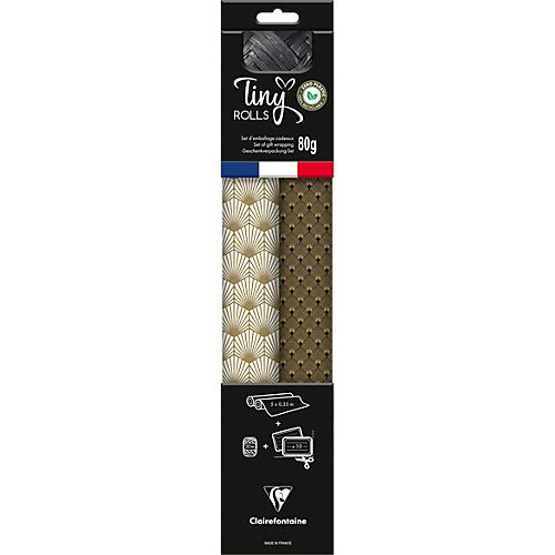 Geschenkverpackungs-Set Clairefontaine, gold-schwarz, 2 Tinyrollen Geschenkpapier L 5 m x B 350 mm, Geschenkband L 20 m & 10 Geschenkanhänger