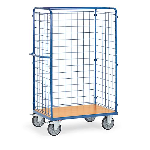 Gitterwagen fetra®, Lenk- & Bockrollen, bis 600 kg, L 1169 x B 609 x H 1800 mm, Stahl & Holz, brillantblau RAL 5007 & Buche-Dekor