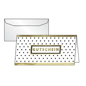 Gutscheinkarte Sigel „Golden Glimmer“, Format DIN lang, 210 x 105 mm, Innentext, mit transparenten Umschlägen, Glanzkarton mit Goldprägung, 10 Stück Gutscheinkarte Sigel „Golden Glimmer“, Format DIN lang, 210 x 105 mm, Innentext, mit transparenten Umschlägen, Glanzkarton mit Goldprägung, 10 Stück
