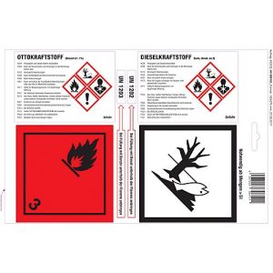 Haftetiketten für Kanister mit Ottokraftstoff & Dieselkraftstoff, GHS/CLP-konform, 1 Bogen mit 4 Etiketten, weißglänzend/rot/schwarz Haftetiketten für Kanister mit Ottokraftstoff & Dieselkraftstoff, GHS/CLP-konform, 1 Bogen mit 4 Etiketten, weißglänzend/rot/schwarz