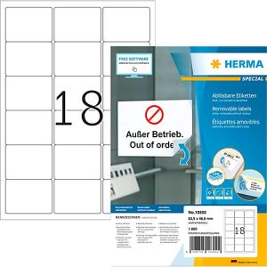 Herma Adressetiketten Special Nr. 10302, 63,5 x 46,6 mm, selbstklebend, ablösbar, bedruckbar, weiß, 1800 Stück auf 100 Blatt Herma Adressetiketten Special Nr. 10302, 63,5 x 46,6 mm, selbstklebend, ablösbar, bedruckbar, weiß, 1800 Stück auf 100 Blatt