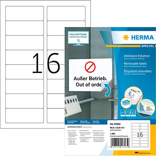 Herma Adressetiketten Special Nr. 10303, 88,9 x 33,8 mm, selbstklebend, ablösbar, bedruckbar, weiß, 1600 Stück auf 100 Blatt
